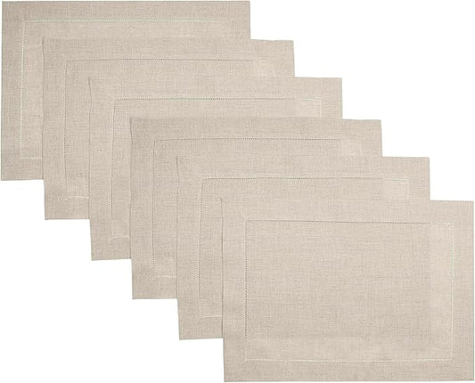 D'Moksha Homes Linen Placemats Set of 6 - Classic Hemstitch Natural Placemats 14 x 19 Inch - 100% Pure Linen Table Mats for Valentines, Holiday, New Year - Handcrafted and Machine Washable