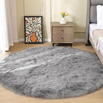 Round Rugs 6ft Silver Grey Fuzzy Faux Sheepskin Washable Furry Fur Area Rugs for Bedroom Large Boho Circle Nursery Rug