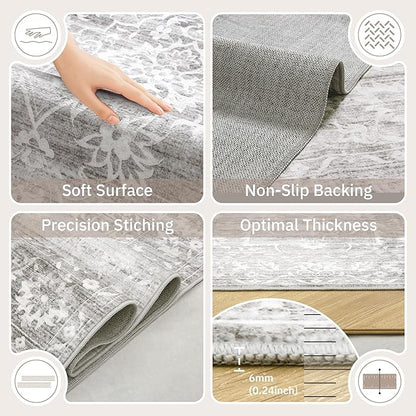 6x9 Area Rugs for Living Room, Stain Resistant Washable Rugs for Dining Room, Floral Vintage Non-Slip Gray Thin Area Rug(Grey, 6'x9')