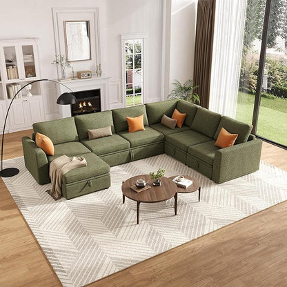 GarveeHome Sectional Sleeper Sofa with Pull Out Bed, Corduroy Modular Sectional Sofa U Shaped 7 Seat Couch with Pull Out Couch and Storage Seat & Ottoman, Convertible Couches for Living Room