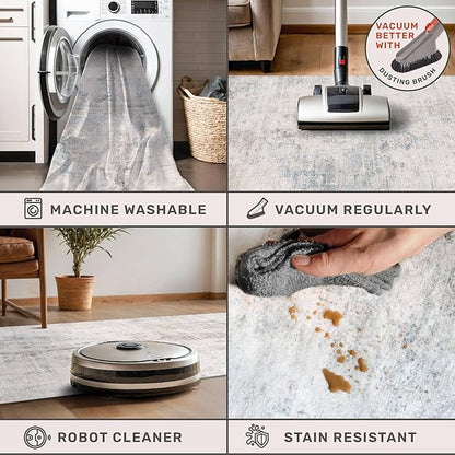 Blue and Gray 2x3 Washable Rug for Entryway Indoor, Kitchen Floor Waterproof, Bathroom, Powder Room, Non Slip Low Pile Stain & Fade Resistant Small Throw Rug, Modern Abstract Decor