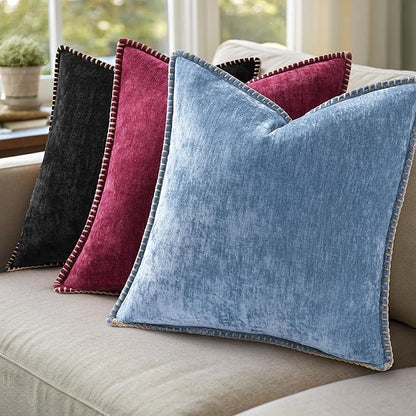 decorUhome Spring Chenille Soft Throw Pillow Covers 20x20 Set of 2, Farmhouse Velvet Neutral Decorative Pillow Covers with Stitched Edge for Couch Sofa Bed Home Decor, Rhododendron