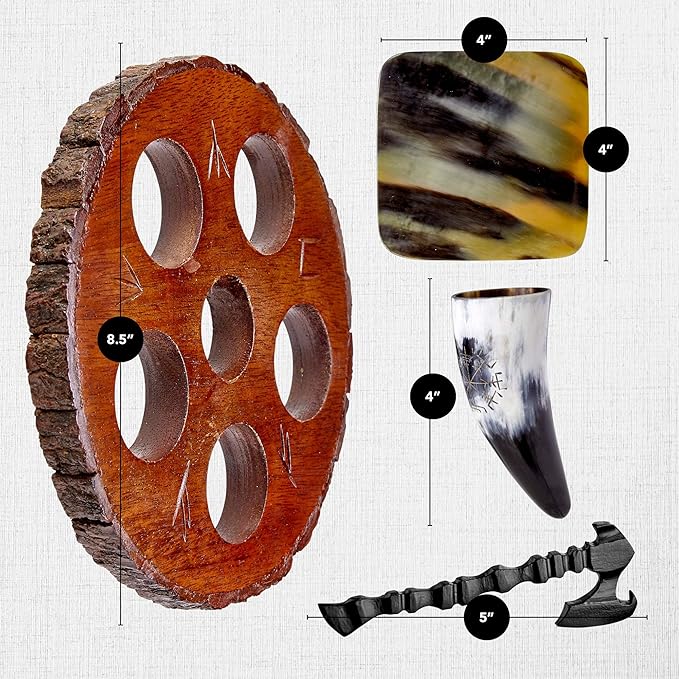 Viking Culture Viking Horn Drinking Cup Shot Glasses with Vintage Axe Bottle Opener, Coasters, and Rustic Wood Display Stand, Toasting Vessels for Party, Event, Bachelors