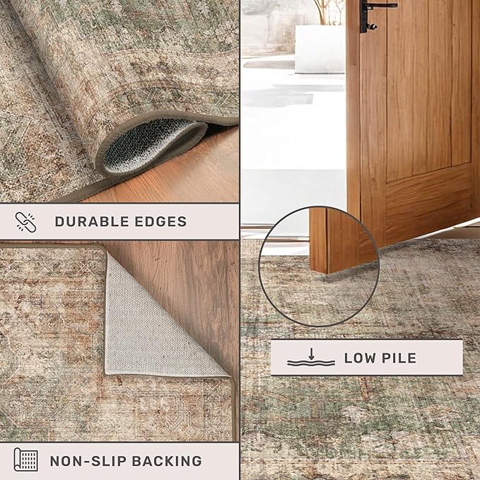 Farmhouse Washable Hallway Runner Rug, 2x6 Green and Brown Rugs for Kitchen Floor Waterproof, Bathroom, Entrance Indoor, Bedroom, Non Skid & Stain Resistant Carpet