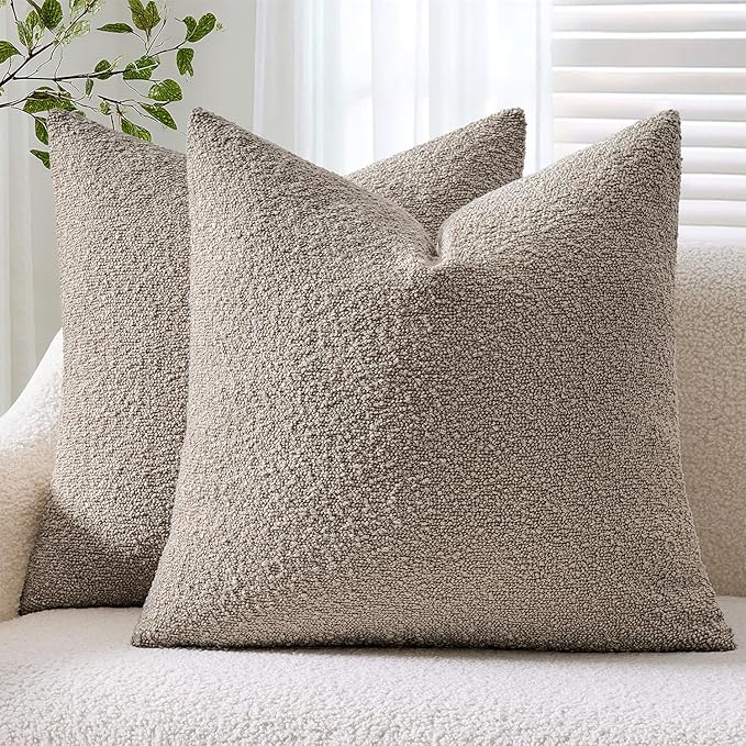 ANRODUO Pack of 2 Textured Boucle Throw Pillow Covers Soft Light Taupe Decorative Accent Solid Pillow Cases Cozy Modern Couch Cushion Case for Chair Sofa Bedroom Living Room Home Decor, 20 x 20 Inch