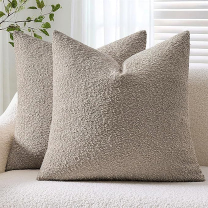 ANRODUO Pack of 2 Textured Boucle Throw Pillow Covers Soft Light Taupe Decorative Accent Solid Pillow Cases Cozy Modern Couch Cushion Case for Chair Sofa Bedroom Living Room Home Decor, 20 x 20 Inch