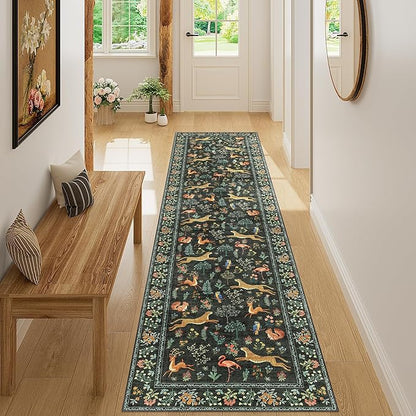 DUKINO Runner Rug, 2x8 Washable Kitchen Rugs for Hallways with Non Slip Backing, Soft Low Pile Vintage Animal Runner for Kitchen, Hallway, Entryway, Laundry, Bedroom, Black