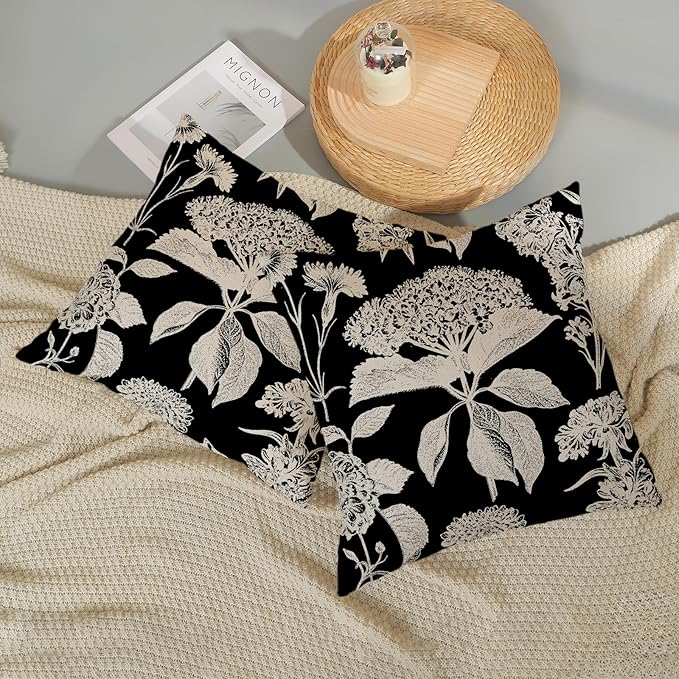 Black Pillow Covers 18x18 Inch Set of 2 Vintage Boho Floral Hydrangea Herbs Botanical Throw Pillows Outdoor Flower Decoration Pillowcase Linen Farmhouse Cushion Case Decorative for Couch Sofa