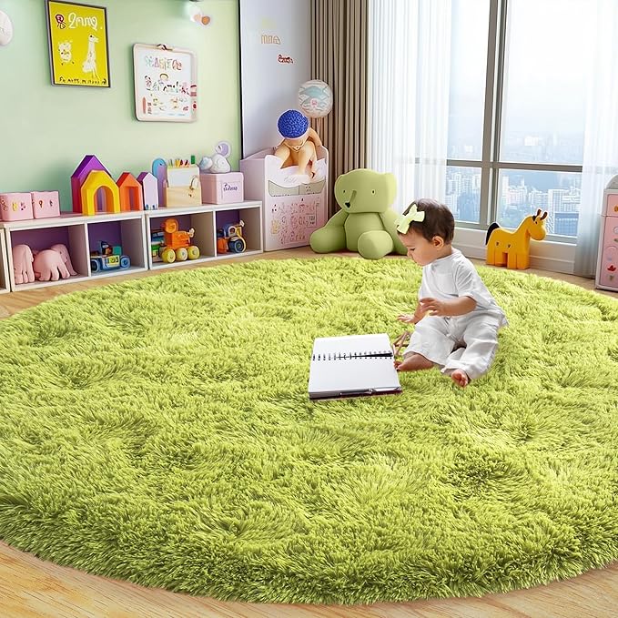 Round Fluffy for Bedroom Rugs, 5Ft Green Shag Circle Rug Non-Slip for Kids Girls Boys Bedroom Dorm Nursery Playroom, Soft Cute Area Rugs for Living Room Decor