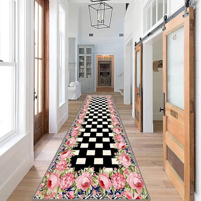 Checkered Floral Design Runner Rug for Entryway, 2x7ft, Pink Rose Luxury Fall Decor Area Carpets for Bedroom, Absorbent Machine Washable Shed Resistant Non-Slip Throw Rugs for Entry