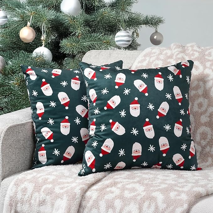 PAVILIA Holiday Throw Pillow Covers 20x20 Set of 2, Decorative Pillow Cases Bed Sofa Couch, Christmas Winter Accent Decor Cushion Bedroom Living Room, Velvet Square Euro Sham Covers, Santa Green