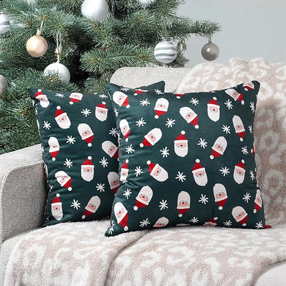 PAVILIA Holiday Throw Pillow Covers 18x18 Set of 2, Decorative Pillow Cases Bed Sofa Couch, Christmas Winter Accent Decor Cushion Bedroom Living Room, Velvet Square Euro Sham Covers, Santa Green