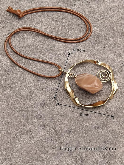 Leather Necklace for Women Boho Choker Necklace Long Cord Leather Pendant Bohemian Neckalce Vintage Alloy Pendant Leather Rope Necklace Wooden Necklaces for Women