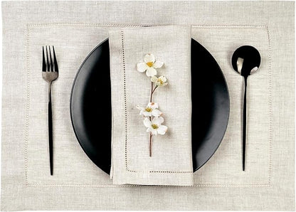 D'Moksha Homes Light Natural Linen Cloth Placemats Set of 4-100% Pure Linen Hemstitch Placemats 14 x 19 Inch - Classic Hemstitch Table Place Mats for Valentines - Handcrafted, Machine Washable