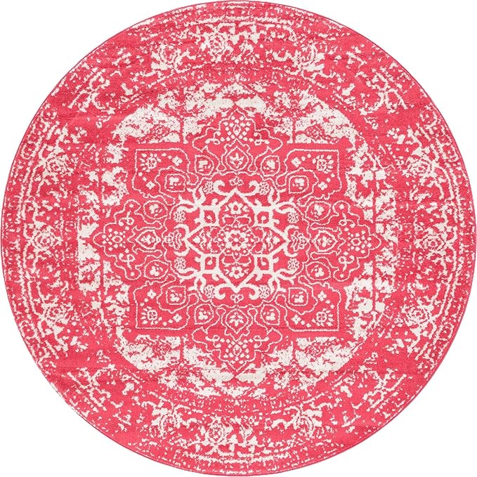 Rugs.com Arlington Collection Rug – 8 Ft Round Pink Medium-Pile Rug Perfect for Kitchens, Dining Rooms