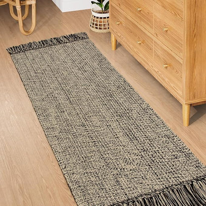 Collive Hallway Runner Rug, 2x5 Washable Natural/Black Modern Entryway Runner Rug Hand-Woven Cotton Boho Kitchen Runner Rugs for Bedroom Laundry Room Rug Front Door Farmhouse Bathroom Rug Outdoor