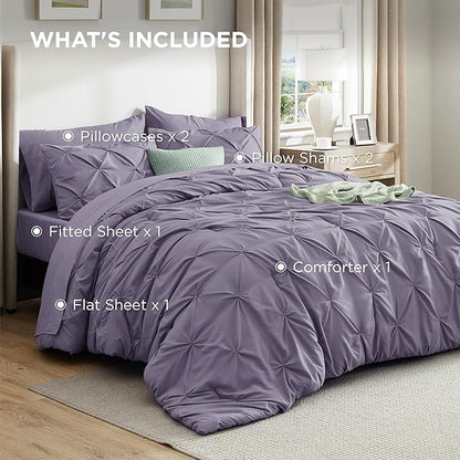 Bedsure Full Comforter Set Grayish Purple - Bed in a Bag Full Size Bedding Set 7 Pieces, GentleSoft™ Pintuck Bed Set Gift for Family, Pinch Pleat All Season Comforter with Sheets, Pillowcases & Shams