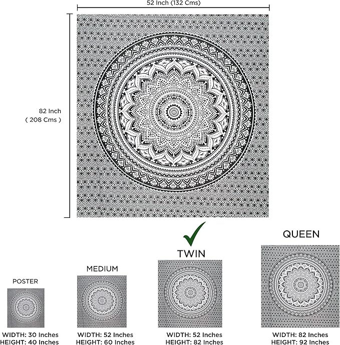 raajsee Grey Black Tapestry Mandala Wall Hangings, Indian cotton Beach Throw Blanket, Hippie Tapestries Boho Decor Bohemian Bedding,Twin Bedspread 52x82 inches Yoga Meditation Mat Rugs