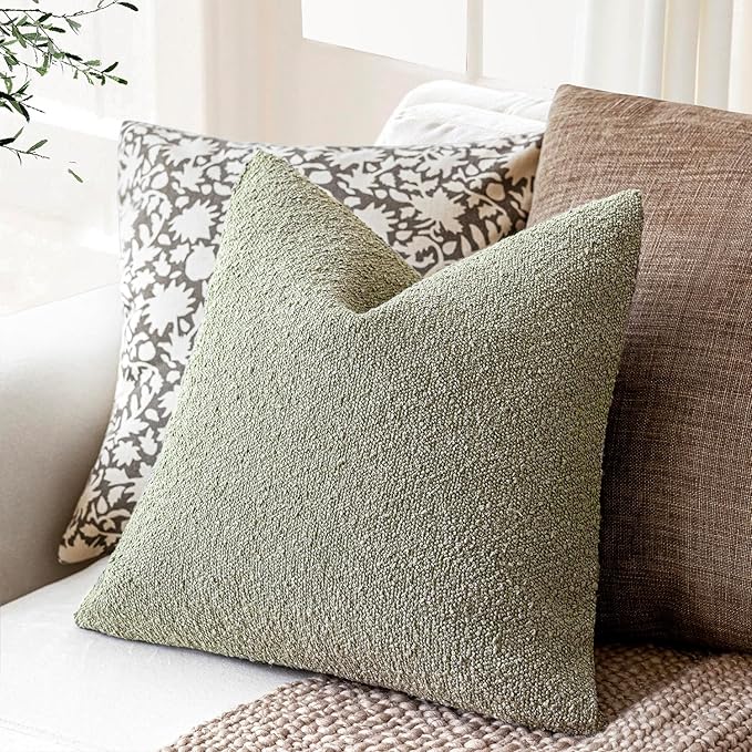 Foindtower Decorative Textured Boucle Throw Pillow Covers Accent Solid Pillow Cases Neutral Soft Cozy Couch Cushion Case for Chair Sofa Bedroom Living Room Home Decor 18x18 Inch,1PC,Dirty Sage Green