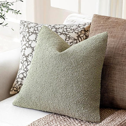 Foindtower Decorative Textured Boucle Throw Pillow Covers Accent Solid Pillow Cases Neutral Soft Cozy Couch Cushion Case for Chair Sofa Bedroom Living Room Home Decor 18x18 Inch,1PC,Dirty Sage Green