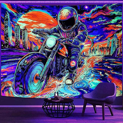 Blacklight Astronaut Tapestry Wall Hanging Space Galaxy Travel Funny Motorcycle Tapestries for Bedroom Colorful Aesthetic Cool Wall Art for Guys Gamer Room Dorm Living Room (motorcycle, 60''×44'')