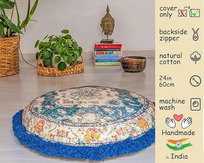 Mandala Life ART Round Cushion Cover - Cotton 26 inches - Yoga Meditation Bohemian Pillow Case - Printed Pouf