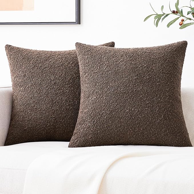 Mixhug Decorative Boucle Throw Pillow Covers, Chocolate Brown, 20 x 20 Inches, Pack of 2 - Textured Boho Pillow Covers for Couch and Bed