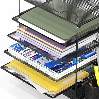 Simple Houseware 5-Tier Document File Tray with Supplies Sliding Drawer and Pen Bucket, Black
