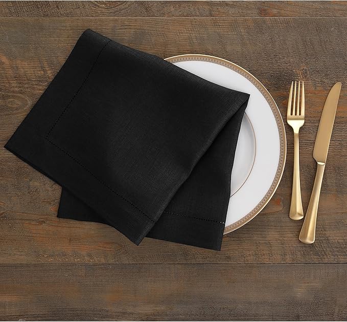 Solino Home Black Linen Napkins Set of 4-100% Pure Linen Hemstitch Dinner Napkins 20 x 20 Inch for Winter, Holiday, New Year - Classic Hemstitch