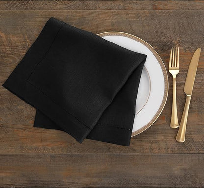 Solino Home Black Linen Napkins Set of 4-100% Pure Linen Hemstitch Dinner Napkins 20 x 20 Inch for Winter, Holiday, New Year - Classic Hemstitch
