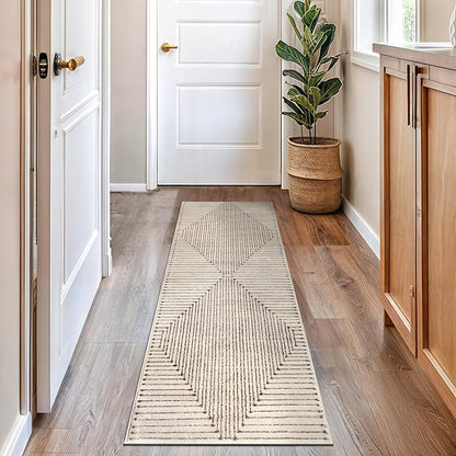 Rugshop Beige and Brown Geometric Area Rug – Soft Abstract Line Pattern Carpet for Living Room, Bedroom, or Office – Contemporary Neutral Decor Accent 2' 3" x 8' Runner Beige