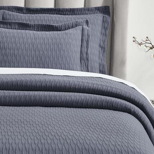 Superior 3 Piece Cotton Bedspread Set, Home Bed Decor, Decorative Bed Spread, 2 Pillow Shams, Medium Weight Blanket, Matelasse Coverlet, Bedding Essentials, Calvert Collection, King, Denim Blue