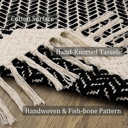 Lahome Boho Kitchen Runner, 2x4.3 Bathroom Runner Rugs Lightweight Entryway Rug Woven Cotton Throw Mat with Tassels, Farmhouse Non Shedding Washable Black Rug Low Pile Runners for Bedroom Doorway