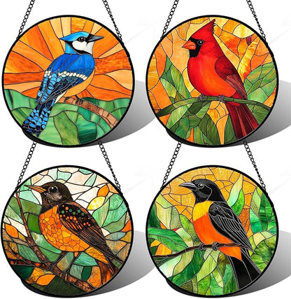 DASTOLL Stained Glass Window Hanging 4 Pcs Set Birds 6.3" - Cardinal Blue Jay Suncatcher Door Garden Sun Catcher Decor Birthday Christmas for Bird Lovers Mom Woman Nana Men