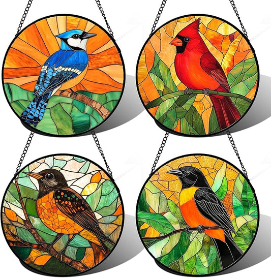 DASTOLL Stained Glass Window Hanging 4 Pcs Set Birds 9.8" - Cardinal Blue Jay Suncatcher Door Garden Sun Catcher Decor Birthday Christmas for Bird Lovers Mom Woman Nana Men