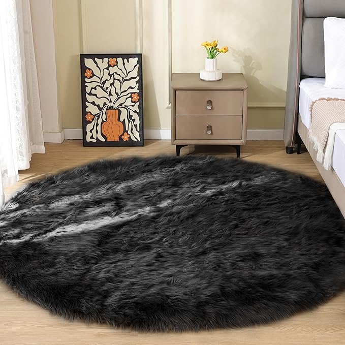 Black Round Rugs 6ft Fluffy Washable Faux Sheepskin Shaggy Fur Rugs for Bedroom Plush Shag Rug for Living Room Nursery Large Circle Rug