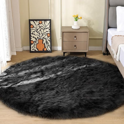 Black Round Rugs 6ft Fluffy Washable Faux Sheepskin Shaggy Fur Rugs for Bedroom Plush Shag Rug for Living Room Nursery Large Circle Rug