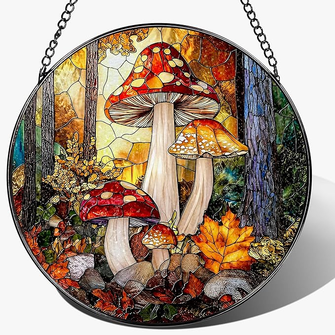 8-Inch Mushroom Suncatcher Ornament: Stained Glass Window Hanging & Decor, Sun Catchers Indoor Window — Gifts for Christmas & Holidays, Ideal Gifts for Nature and Mushroom Lovers, Gift Idea
