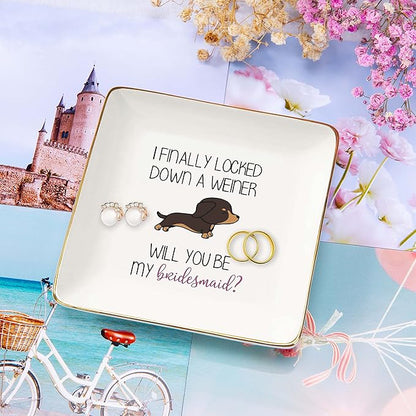 NZY Bridesmaid Proposal Gift from Bride,Bachelorette Party Wedding Gifts for Women Besties Friends,Jewelry Holder Ring Dish Trinket Tray-I Finally Locked Down A Weiner Will You Be My Bridesmaid