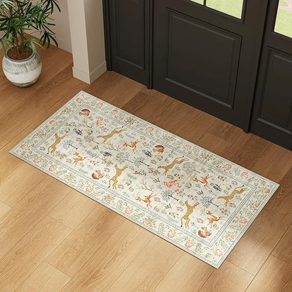 DUKINO 2x5 Rug for Hallway, Washable Kitchen Runner Rug with Non Slip Backing, Soft Low Pile Vintage Animal Runner for Bedroom, Kitchen, Hallway, Entryway, Laundry, Beige