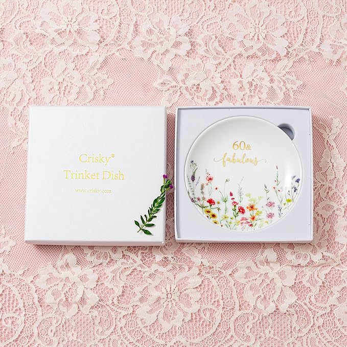 Crisky 60 Fabulous Jewelry Ring Dish for Women 60th Birthday Gifts Idea for 60 Year Old Gifts for Her Friend Sister Wife Mom Aunt Female Coworkers