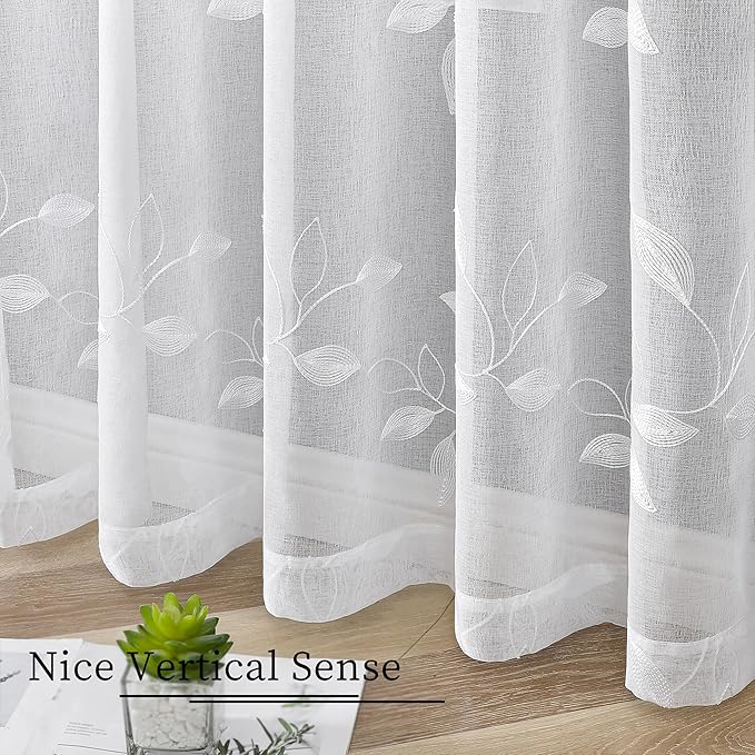 Tollpiz White Leaf Sheer Tier Curtains Leaves Embroidered Kitchen Short Curtain Rod Pocket Voile Bathroom Curtains for Cafe, 30 x 24 inches Long, Set of 2 Panels