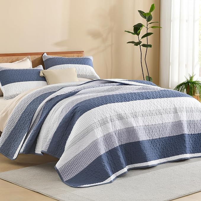 Litanika Oversized King Quilt Set Mineral Blue, 120x98 Stripe Bedspread Coverlet 3 Pieces, Mineral Blue Lightweight Quilted Bedding Set for All Season(Oversized King-1 Quilt, 2 Pillowcases)