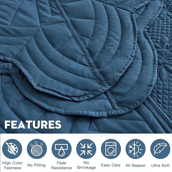 Oversized Bedspread - King Size Bedding Cover - Modern & Contemporary Coverlet Set, Real Stitching, Reversible, Lightweight, 5 Piece, Navy