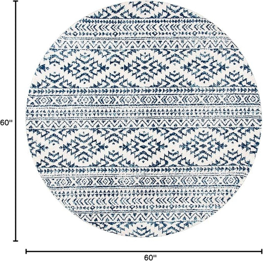 SAFAVIEH Tulum Collection Area Rug - 5' Round, Ivory & Navy, Moroccan Boho Tribal Design, Non-Shedding & Easy to Clean, Ideal for Living Room, Bedroom, Dining Space (TUL272D)