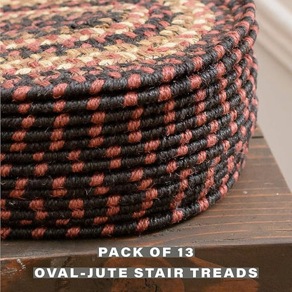 Homespice Prescott Jute Braided Staircase Step Treads, Country Primitive Decor, Set of 13, Black and Red 8x28 Oval Rug for Stairs - Easy to Clean, Tightly Stitched and Durable