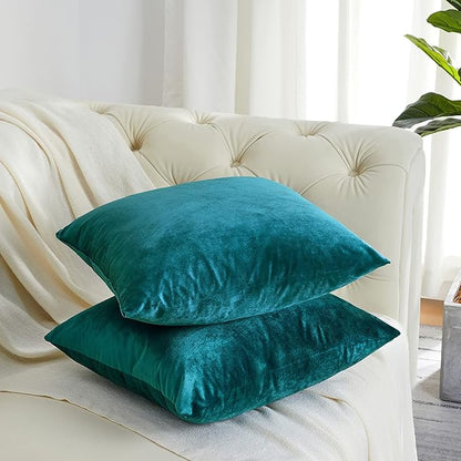 GIGIZAZA Décor Throw Couch Pillow Covers Set of 2,Sofa Cushion Teal Peacock Green Pillow Covers,Velvet Pillow Cases 24 x 24inch