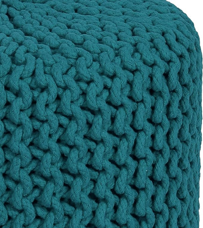 COTTON CRAFT Braided Round Pouf - Hand Knitted Cotton Cord Cable Dori Cylindrical Ottoman - Foot Stool - Floor Pouf - Footrest - Accent Seat - Living Room Bedroom Dorm Décor - 15 Round x 16 H - Teal
