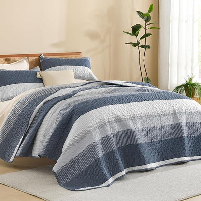 Litanika King Size Quilt Set Navy Blue, Stripe Patchwork Summer Bedspread Coverlet 3 Pieces, Soft Lightweight Microfiber Quilt Bedding Set for All Season(1 Quilt, 2 Pillowcases)