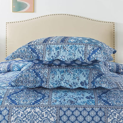 HoneiLife King Quilt Bedding Set - 3 Pieces Rustic Quilt Sets Microfiber Bedspreads Floral Coverlets Retro Bed Cover All Season Quilts-Blue